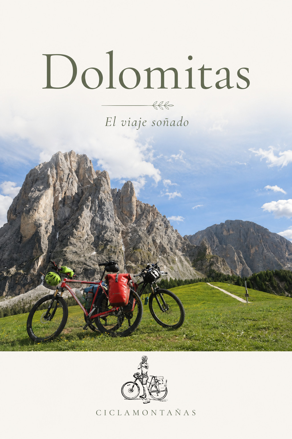 Portada del ebook Dolomitas: El viaje soñado — dos bicicletas con alforjas frente a montañas